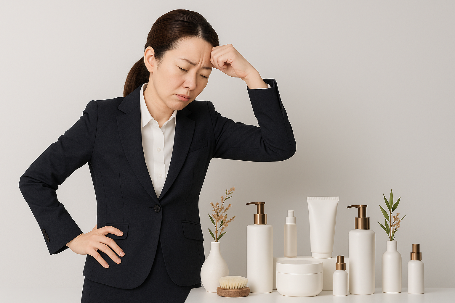 Donna dall'espressione confusa guarda prodotti cosmetici